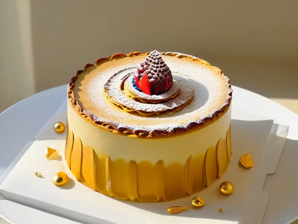 Delicado postre con capas de masa hojaldrada, glaseado brillante y detalles en hoja de oro, sobre un plato blanco