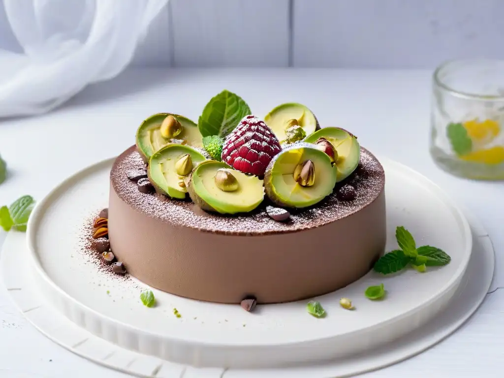 Delicado postre keto de mousse de chocolate y aguacate con frambuesas y pistachos, en plato blanco sobre fondo neutro