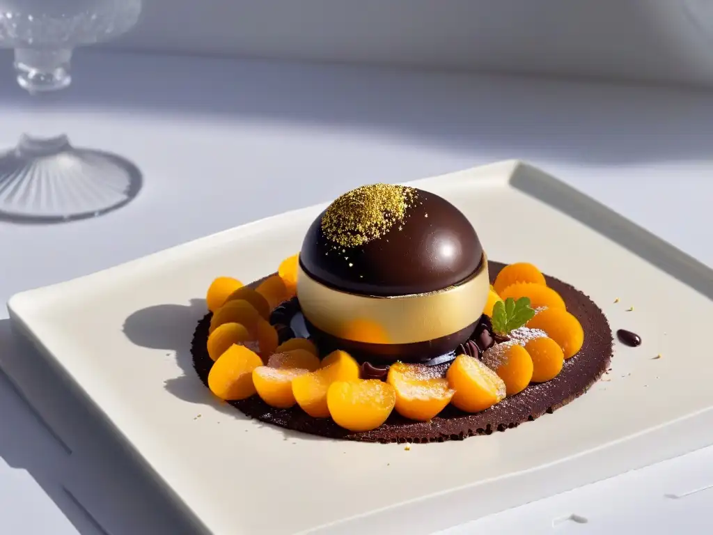 Delicado postre de chocolate en esfera con hojas de oro comestibles, en plato moderno