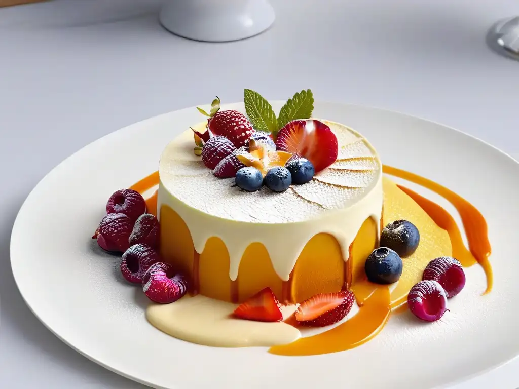 Dulce obra maestra: postre innovador en detalle Delicado postre con combinación sabores, texturas y colores vibrantes en tendencias globales
