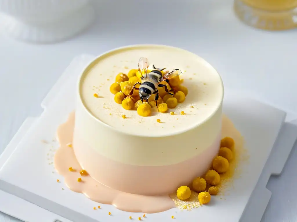 Delicado contraste: panna cotta rosa con polen de abeja dorado Delicado postre de panna cotta con polen de abeja dorado, resalta beneficios y elegancia