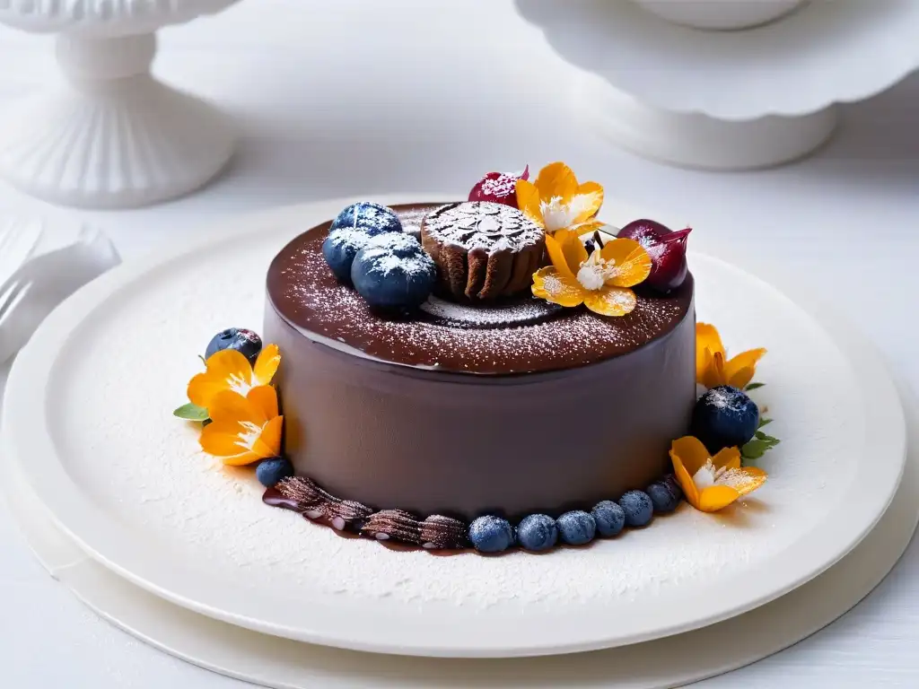 Delicado postre con decoraciones de chocolate, frutas brillantes y flores comestibles