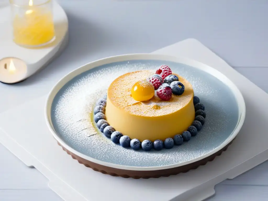 Delicado postre decorado con polvo de maca, resaltando sus beneficios en repostería, sobre fondo blanco