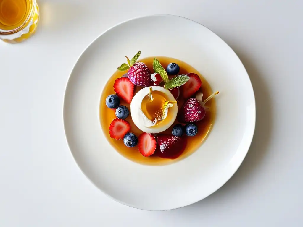 Delicioso postre gourmet con endulzantes naturales y frutas frescas Delicado postre con endulzantes naturales para repostería, bayas frescas y flores comestibles en plato blanco
