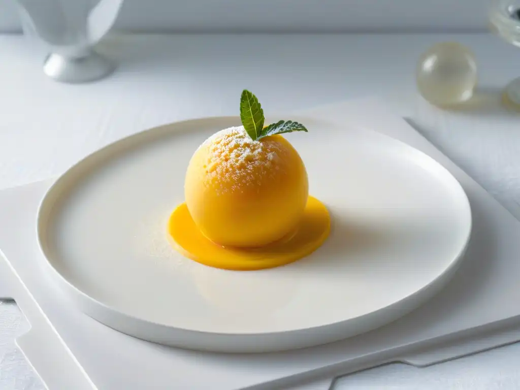 Delicado postre de esferificaciones en mango sobre plato blanco, destacando la elegancia de la gastronomía molecular