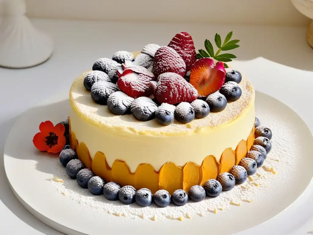 Delicado postre de Europa del Este: exquisitas capas de repostería con crema, frutas y flores, presentado con elegancia en un plato blanco