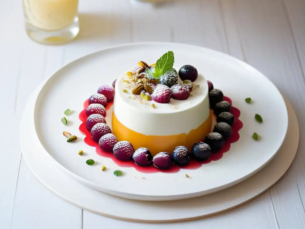 Delicado postre fermentado con yogurt y fruta, decorado con pistachos y menta en una elegante presentación en plato blanco sobre mesa de madera