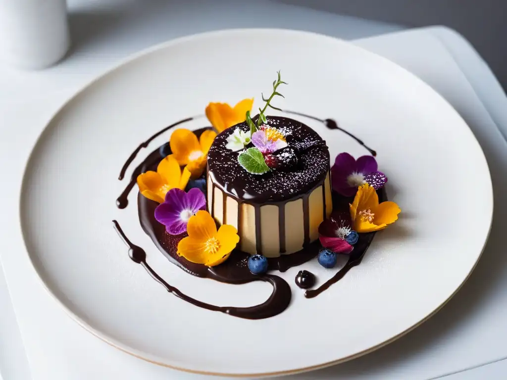 Delicado postre con flores comestibles y chocolate, resaltando la importancia del aroma en postres