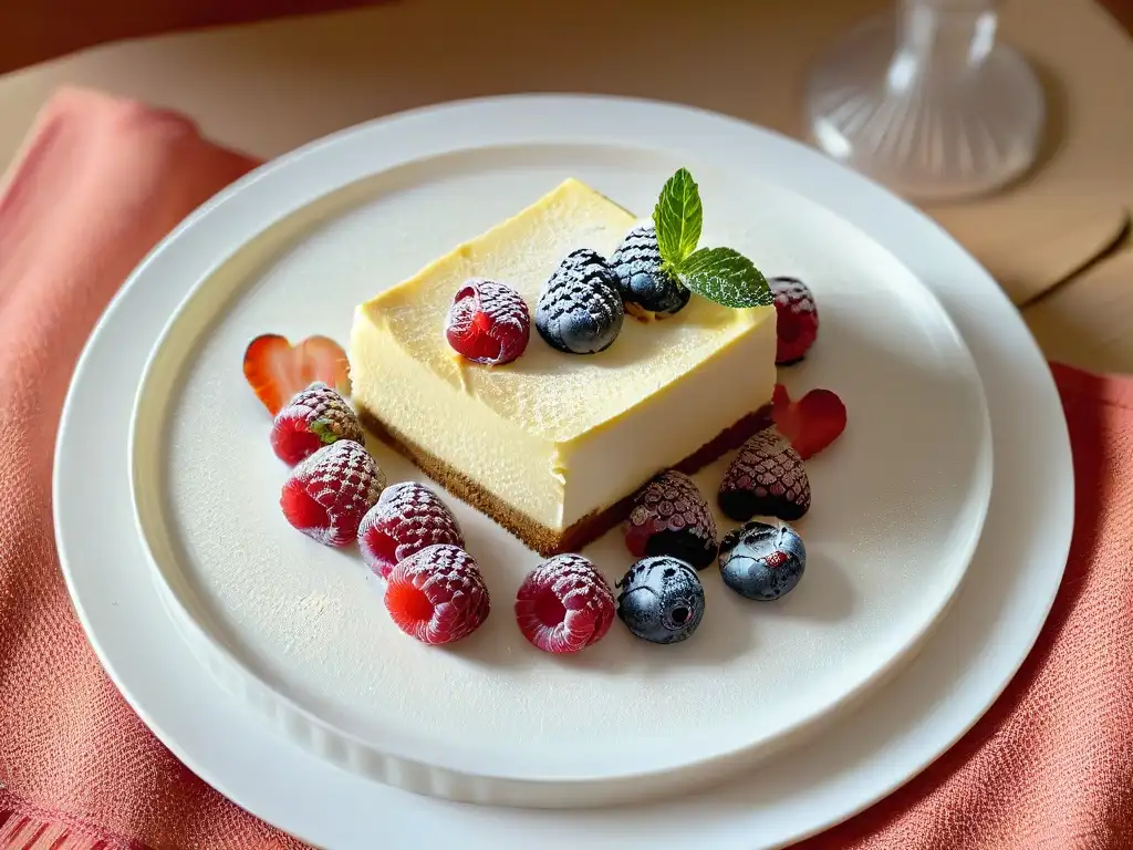 Delicado postre keto: cheesecake con frambuesas frescas y hoja de menta, en plato blanco