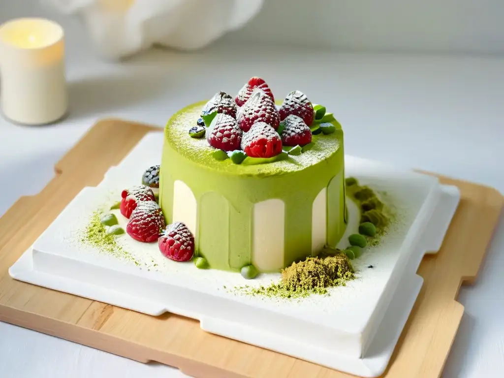 Delicado postre de tiramisú de té matcha con frambuesas, polvo de matcha, en mesa de madera iluminada