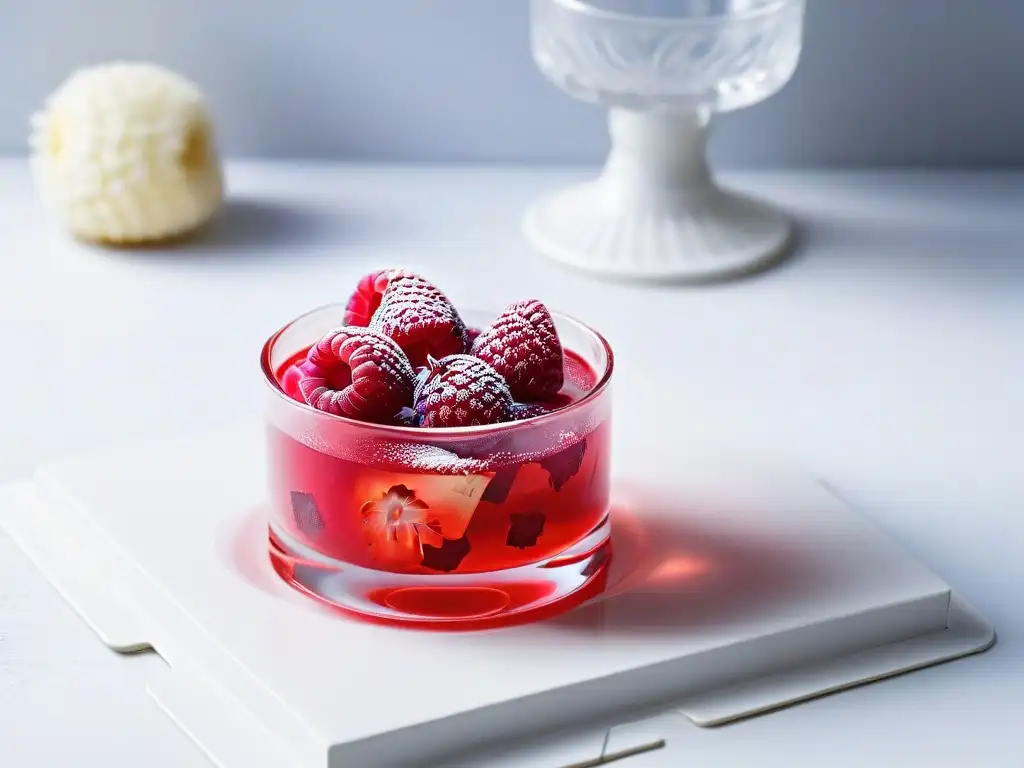 Delicado postre de gelatina de frambuesa en vaso de cristal, resaltando la elegancia de los geles en repostería creativa