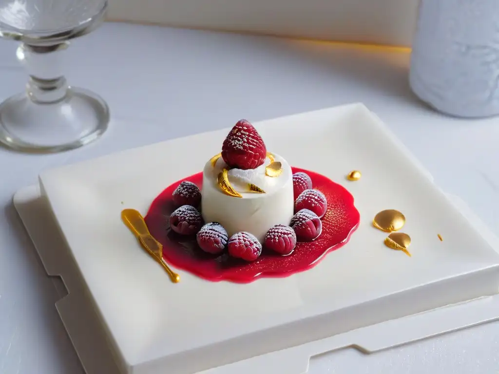 Delicado postre con glaseado espejo y hoja de oro, en plato moderno sobre encimera de mármol