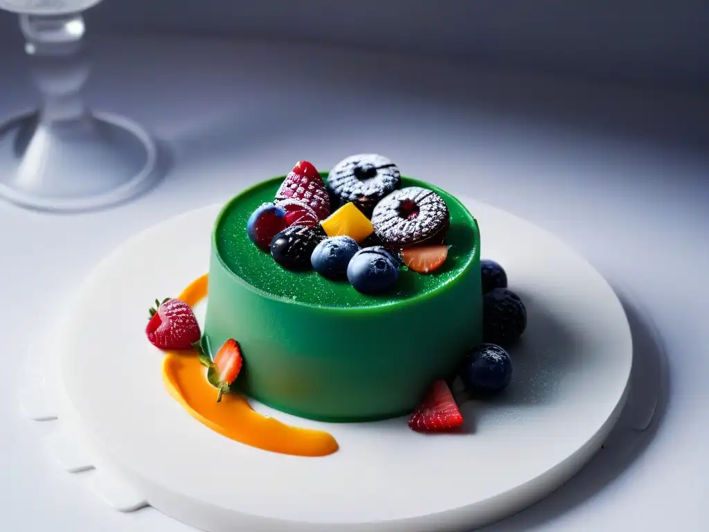 Delicado postre impreso en 3D con detalles vibrantes, en plato moderno, iluminación suave