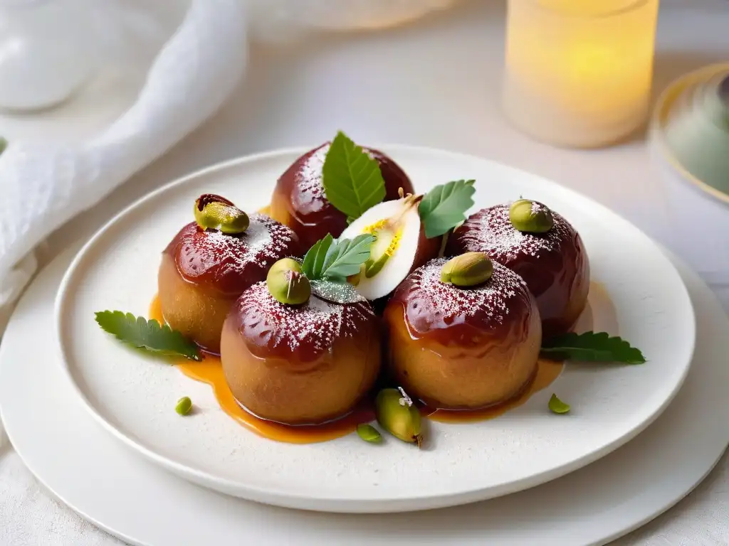 Delicioso Gulab Jamun: Detalle exquisito de postre indio Delicado postre indio Gulab Jamun con ingredientes únicos repostería india en un plato blanco