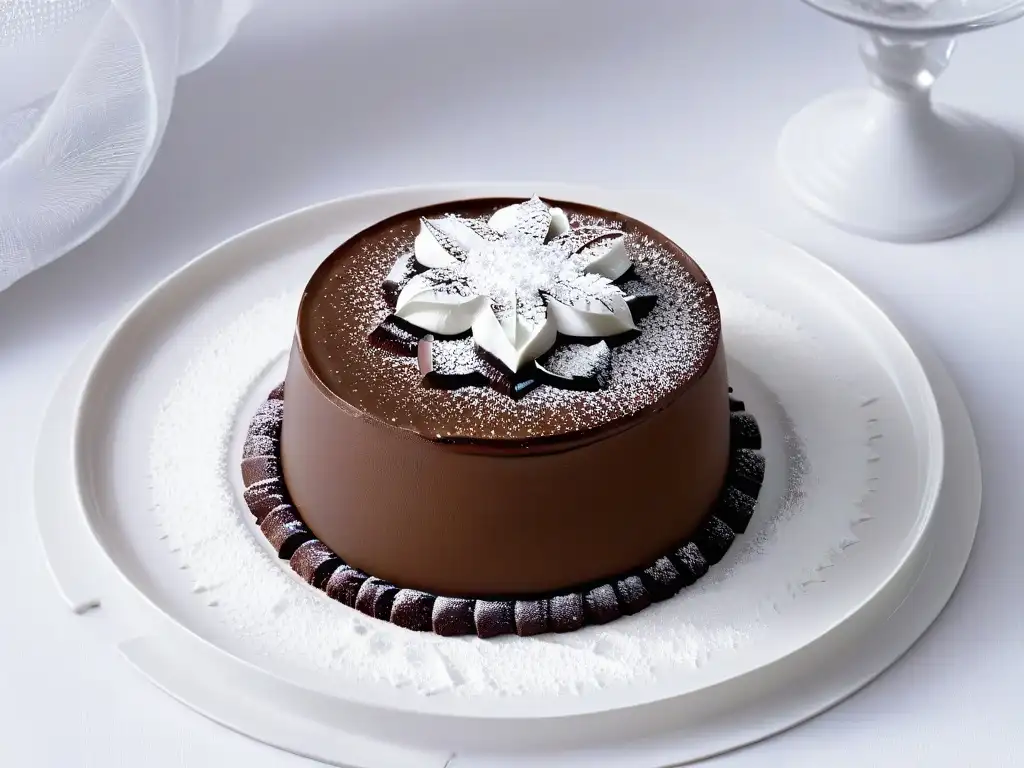 Delicado postre invernal saludable con adorno de copo de nieve de chocolate sobre mousse, elegante y minimalista