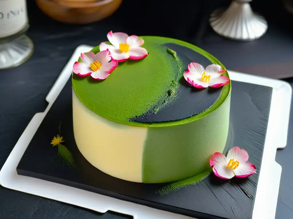 Delicado postre japonés de diseño minimalista con esponjoso bizcocho de matcha y flor de sakura de azúcar en plato blanco