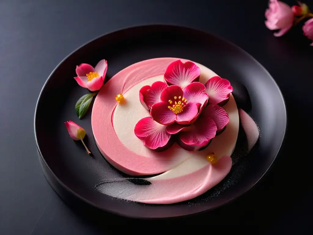 Delicado postre japonés con forma de flor de cerezo en un plato de cerámica oscuro, iluminado suavemente