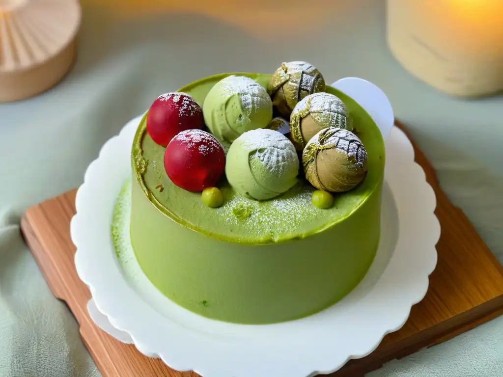 Delicado postre japonés de matcha en bol moderno, con helado, pasta de frijol rojo y mochi