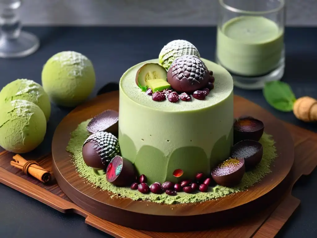 Delicado postre japonés: parfait de té matcha con helado, frijoles adzuki y mochi, en vaso de vidrio sobre mesa de madera oscura y tapete de bambú