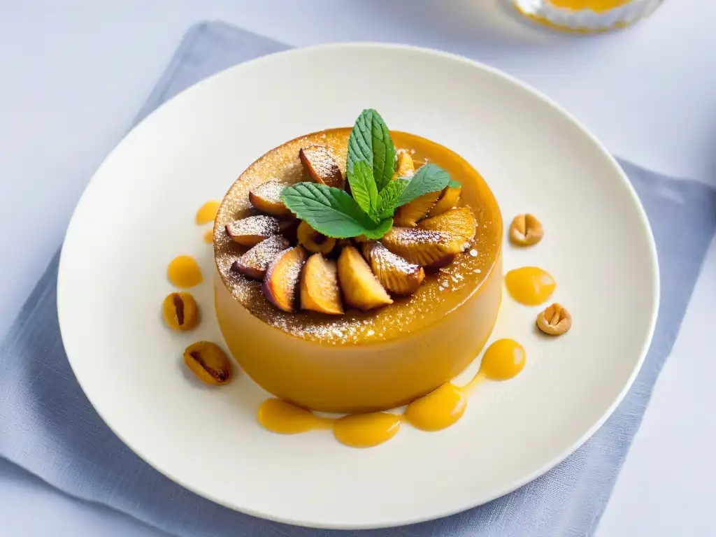 Delicado postre Kanyah con plátanos fritos dorados, salsa de cacahuate y cacahuates triturados, adornado con hoja de menta