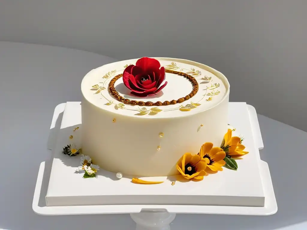 Delicado postre de lujo con detalles personalizados como monogramas, hojas de oro y flores comestibles, en un estudio elegante de repostería