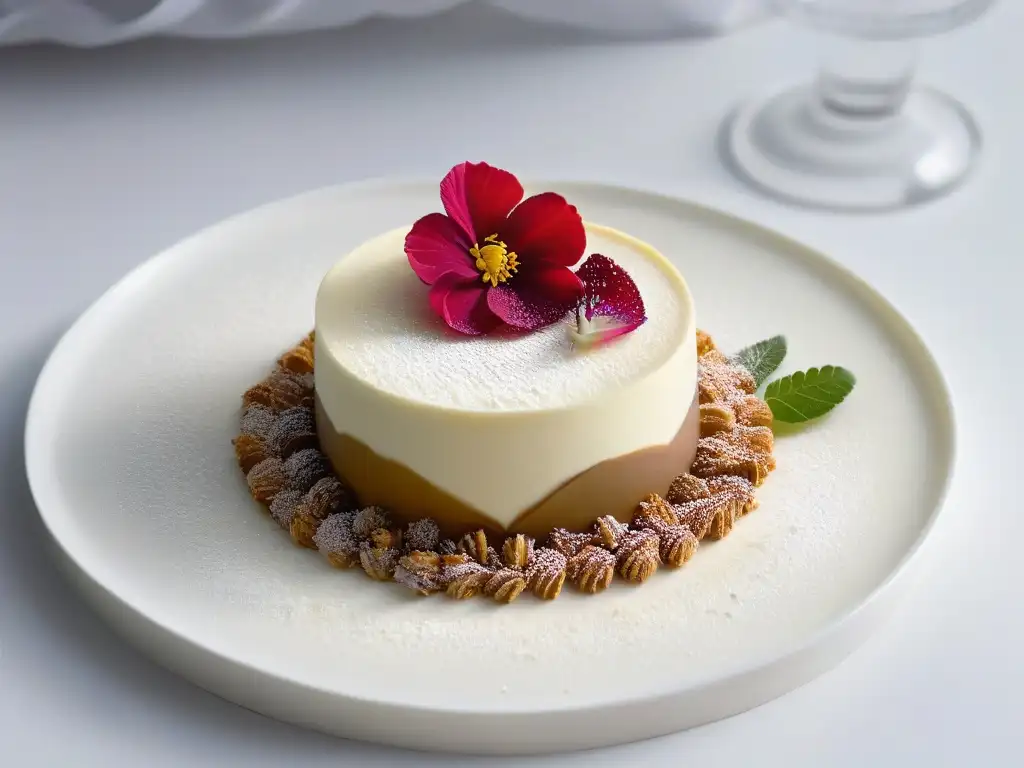 Delicado postre minimalista con mousse cremosa y flor comestible