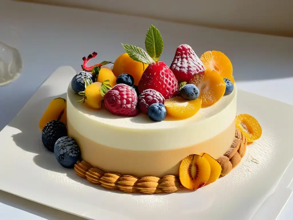 Delicado postre multisensorial inclusivo en repostería con frutas vibrantes, texturas cremosas y detalles dorados