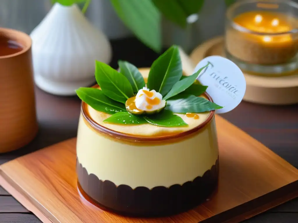 Delicado postre de Sago Gula Melaka en olla de barro, con hojas de pandan frescas