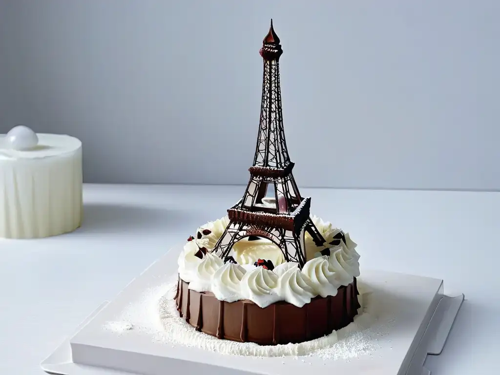 Un delicado postre con réplica de la Torre Eiffel de chocolate rodeado de arcos de azúcar hilado, inspirado en arquitectura