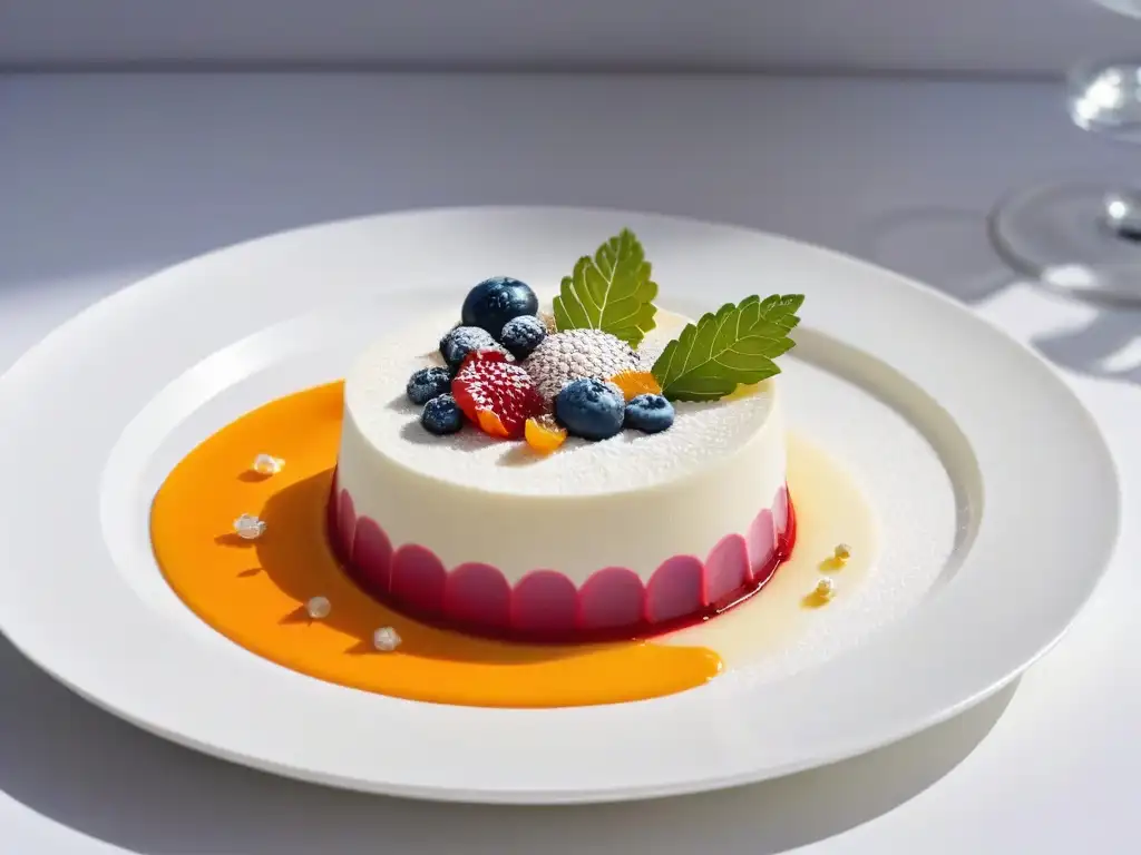 Delicado postre de repostería molecular y veganismo en plato blanco, con colores vibrantes y formas únicas