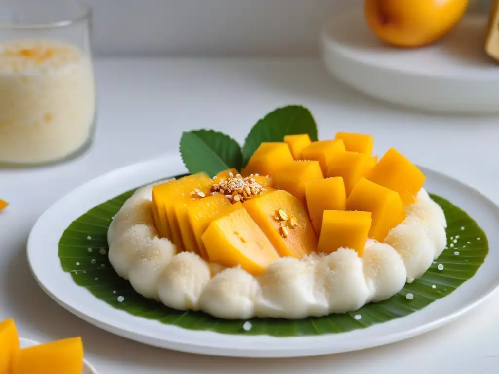 Delicado postre tailandés de mango sticky rice con mango y semillas de sésamo, en plato blanco