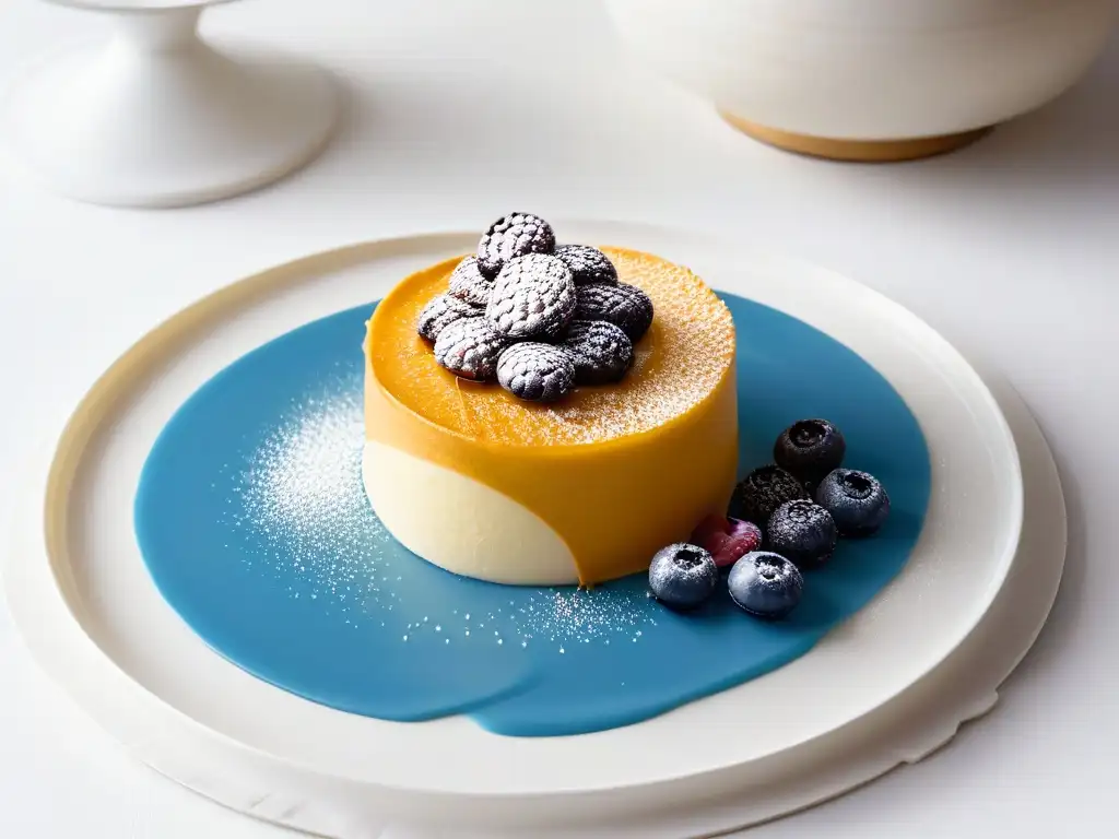 Delicado postre con innovación en técnicas de repostería, presentado con elegancia en un plato moderno