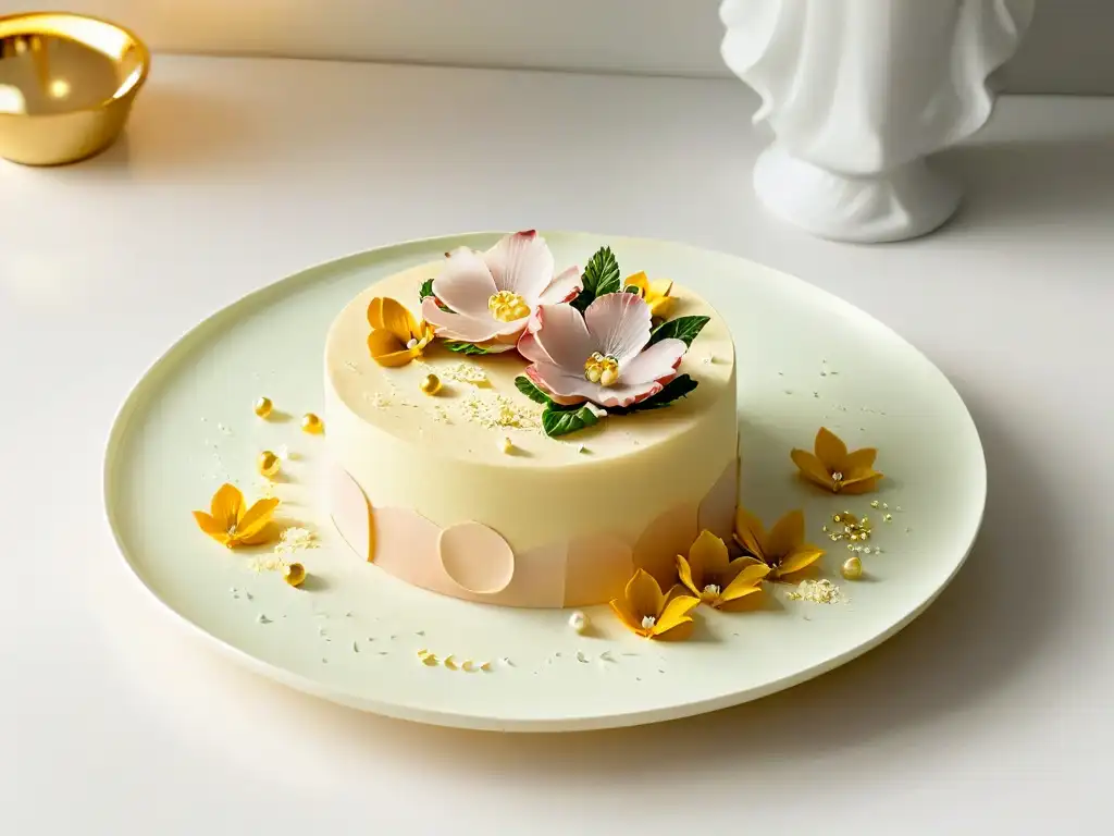 Delicado postre en tonos pastel con flores de azúcar y detalles en hoja de oro