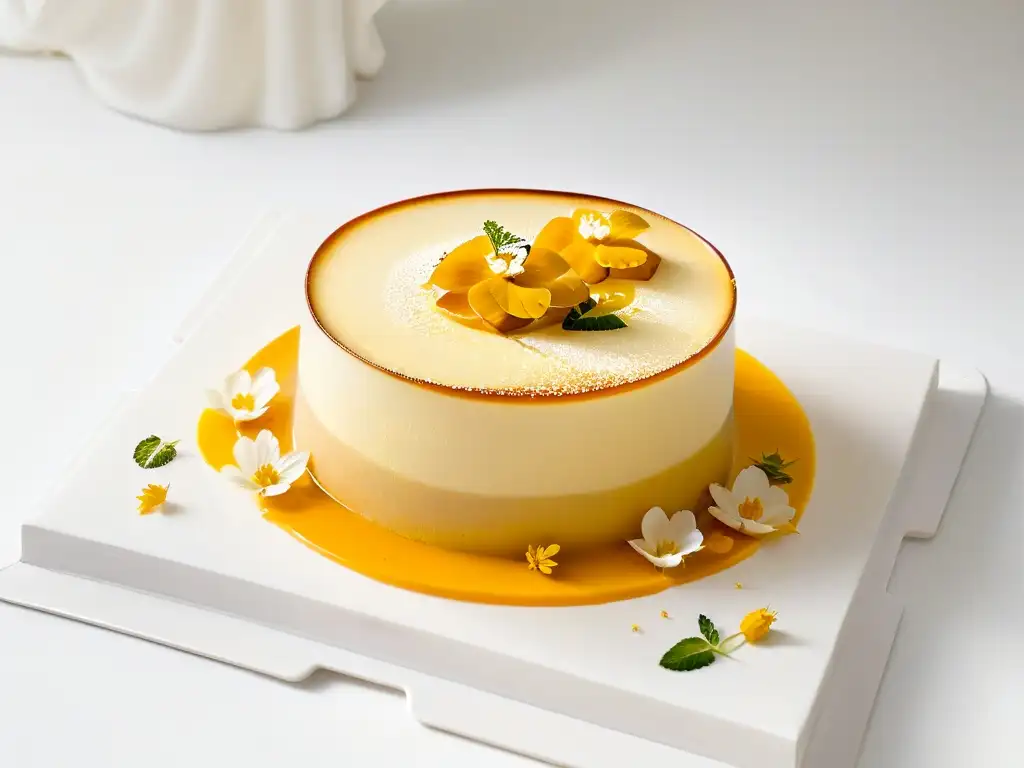 Postre tradicional reinventado con elegancia y modernidad Delicado postre tradicional reinventado con flores comestibles en elegante presentación