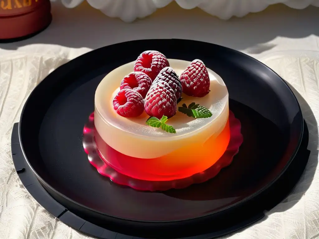 Postre vegano: gelatina de agar agar con frambuesa Delicado postre vegano con agar agar y frambuesa en plato negro mate