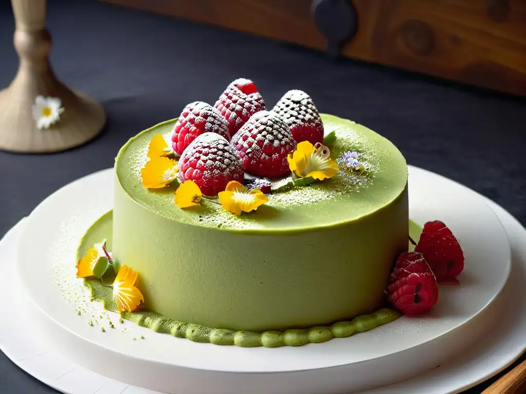 Delicado postre vegano: pastel de matcha con frambuesas y flores comestibles, en un elegante plato blanco sobre fondo negro