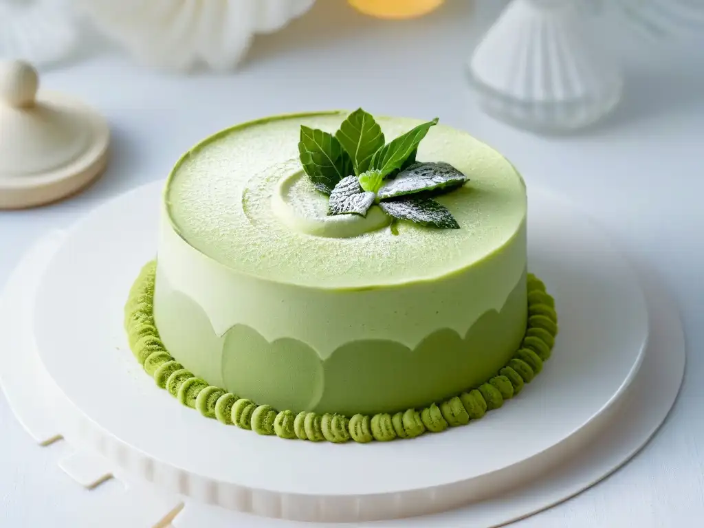 Delicado postre de té verde matcha en plato blanco, con capas de bizcocho y crema, polvo verde encima
