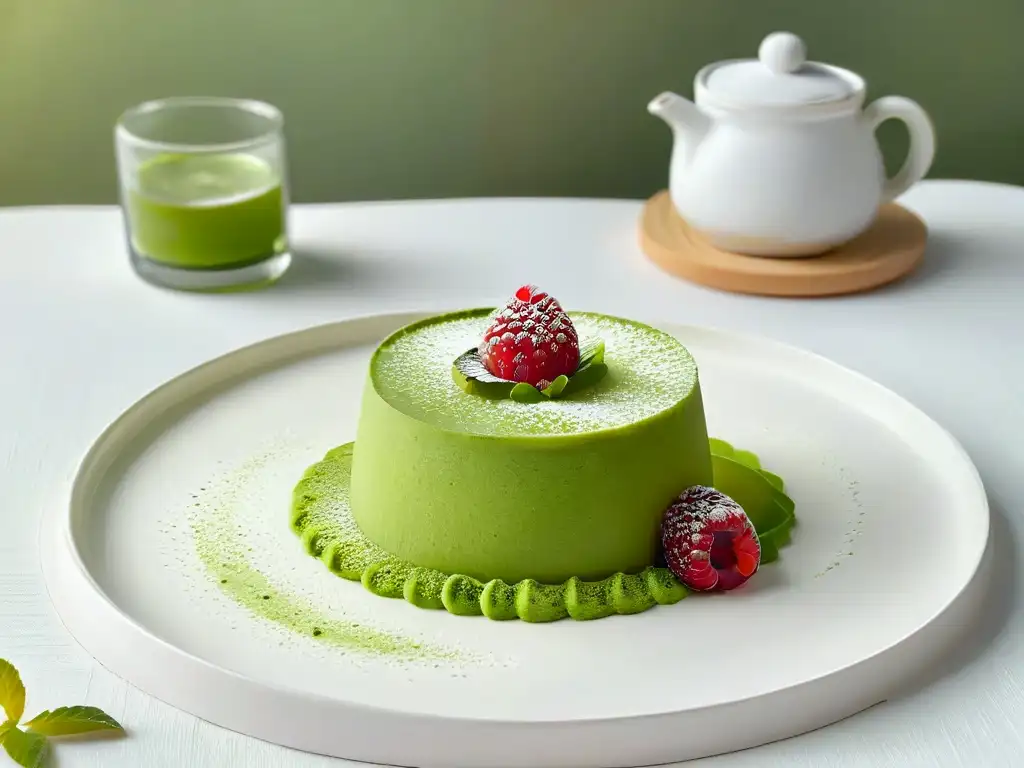 Delicado postre de té verde matcha de calidad superior, decorado con polvo verde y frambuesa fresca, en entorno zen japonés