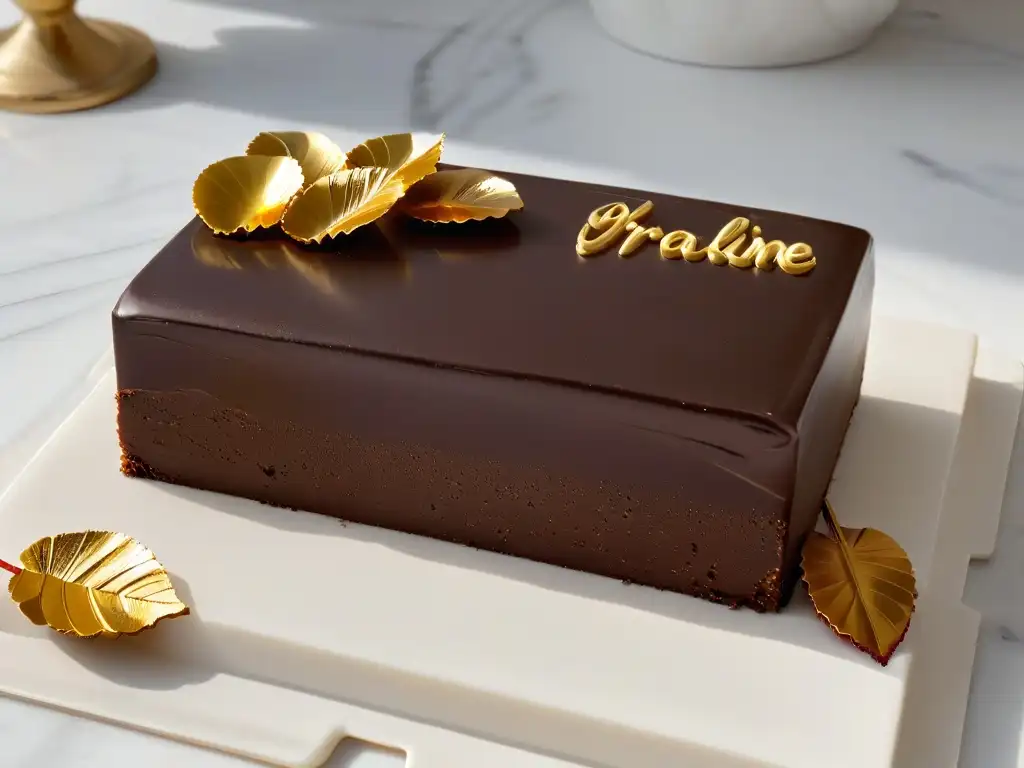 Exquisita praline de chocolate belga con hojas de oro Delicado praliné de chocolate belga con detalles en oro, sobre mármol blanco