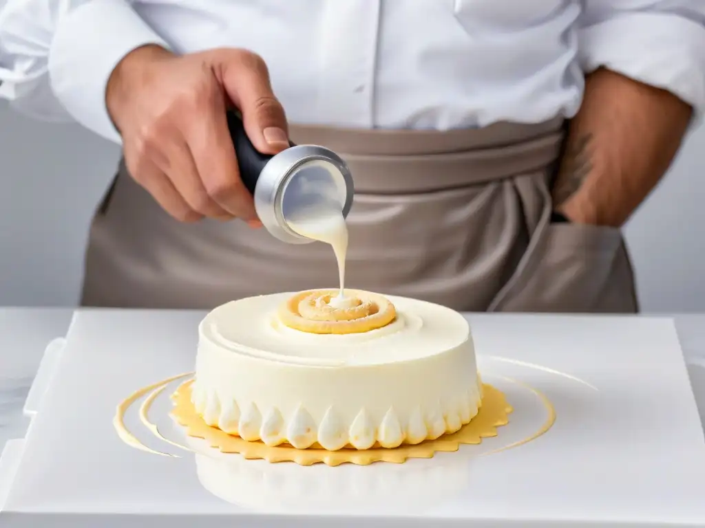 Un macaron delicado siendo decorado con precisión sobre una encimera de mármol blanco