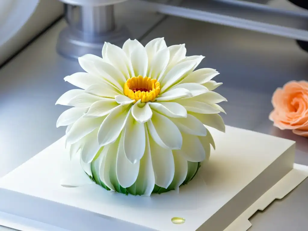 El delicado proceso de creación de una flor de azúcar con técnicas avanzadas de impresión 3D en repostería