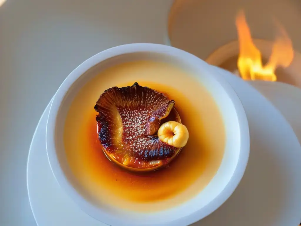 Delicado proceso de caramelización de un crème brûlée dorado, resaltando la temperatura en repostería postres