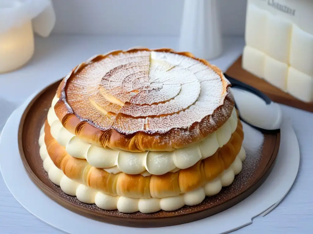 Delicado Qatayef con relleno perfecto, repostería exquisita en capas doradas y crema blanca