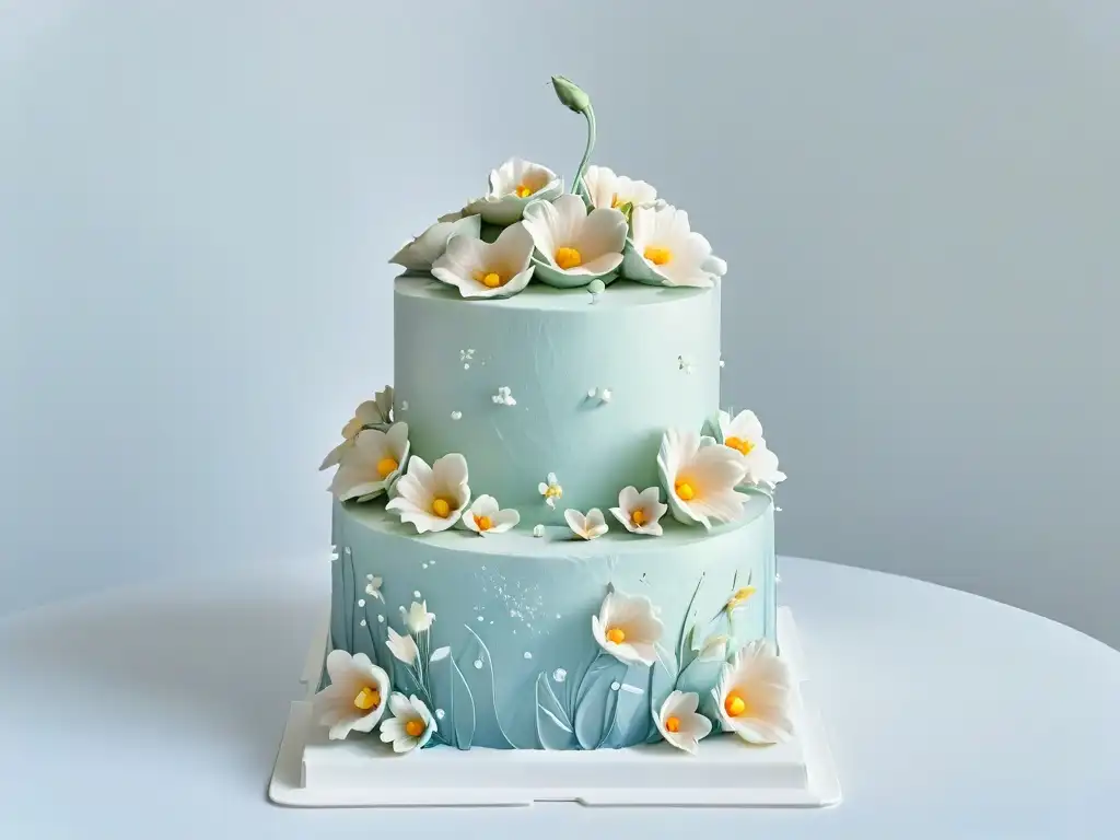 Un delicado ramillete de flores de azúcar artesanales en tonos pastel, decorando con elegancia una tarta de boda blanca impecable