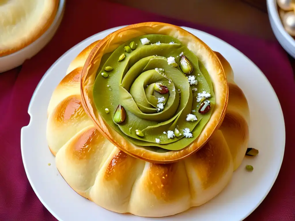 Delicado relleno perfecto de Qatayef con queso y pistachos, resaltando la textura y contraste en repostería