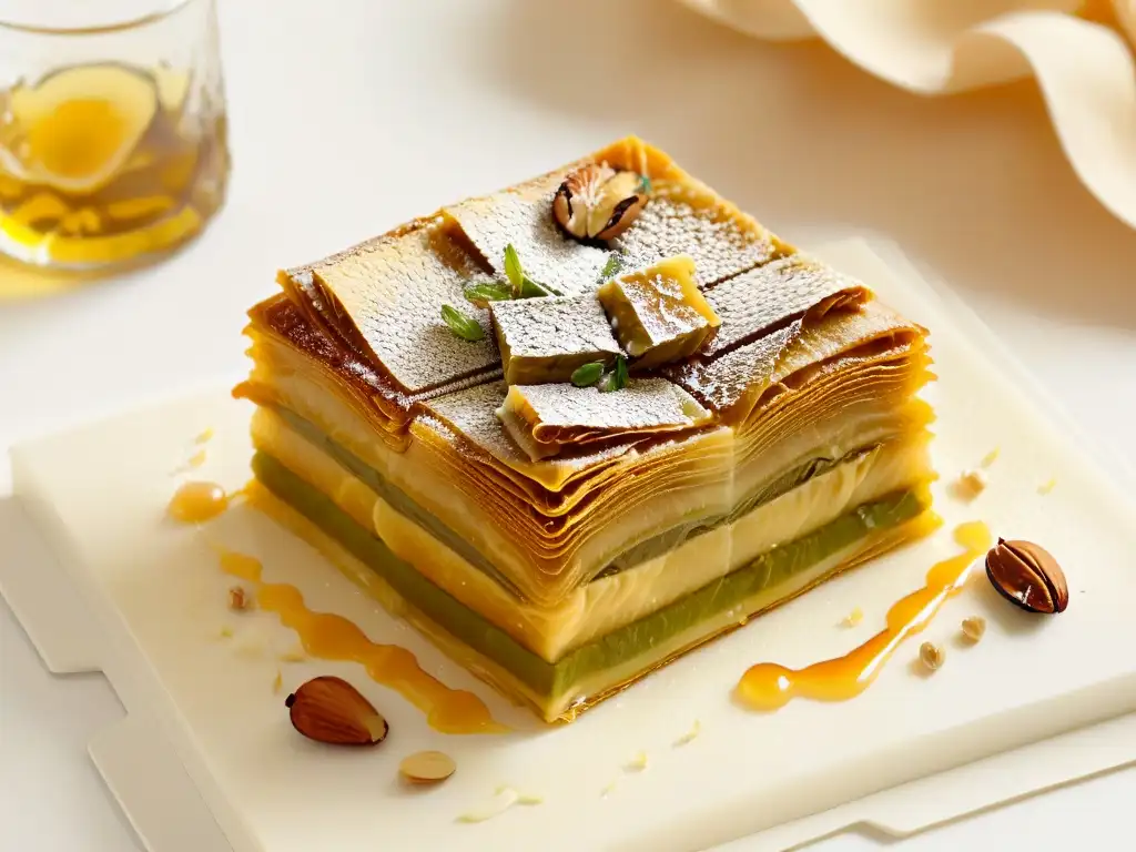 Delicado baklava de Repostería Medio Oriente sabores globales, con capas de phyllo, nueces y jarabe, sobre fondo blanco