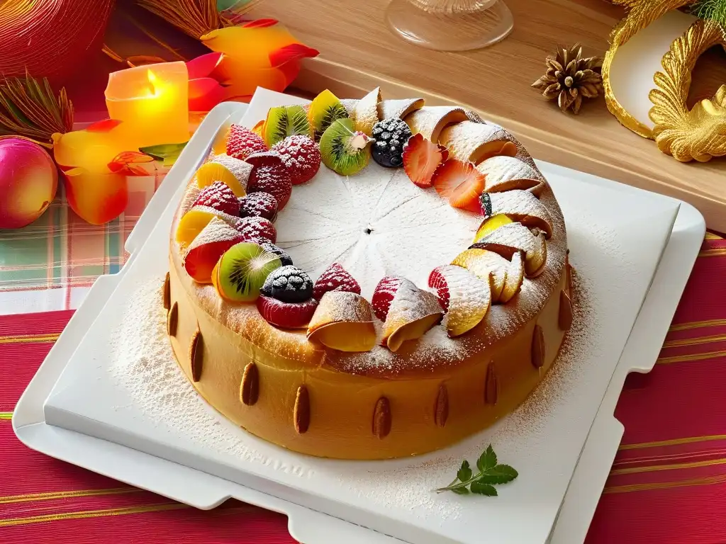 Delicado Roscón de Reyes decorado con frutas confitadas y azúcar glass, listo para preparar en casa