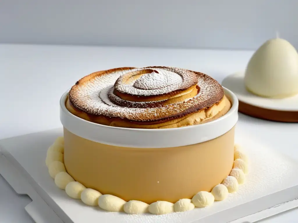 Delicado soufflé dorado subiendo en un ramekin, con burbujas de aire y fondo blanco