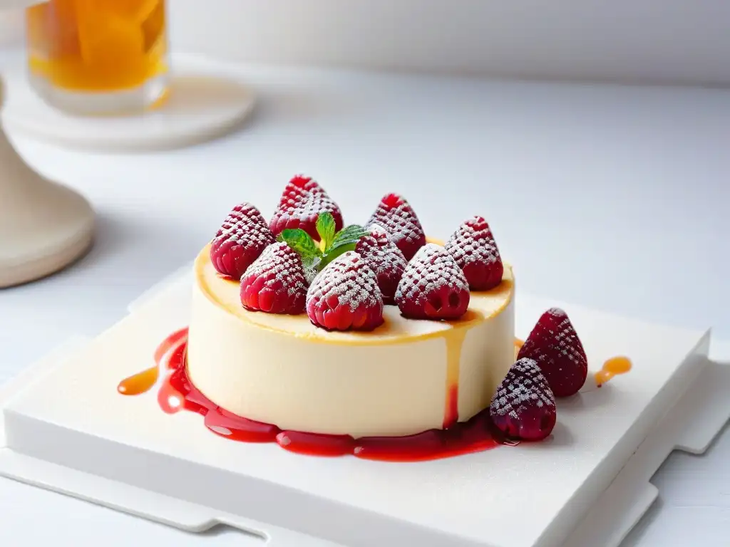 Delicado cheesecake sous vide con superficie dorada, frambuesas frescas y coulis, en plato blanco