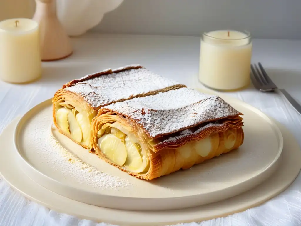 Delicado strudel de manzana vienés, dorado y escamoso, en plato de porcelana con tenedor de plata, de las mejores reposterías Viena tradicionales